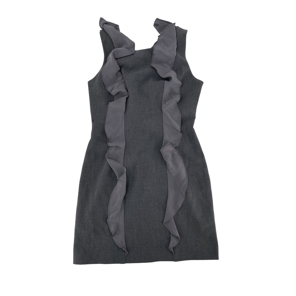 Alex Ruffle Front V-Back Sheath Dress 6 Gray Fair Sleeveless Cocktail